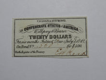 Load image into Gallery viewer, $20 1861 Confederate Bond Coupon Certificate Currency Bank Note Bill UNC