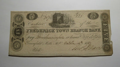 $5 1837 Greenfield Mills Maryland Obsolete Currency Bank Note Bill Fredericktown