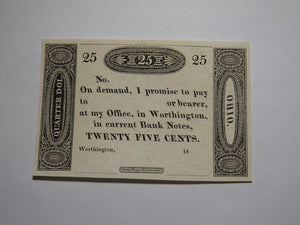 $.25 18__  Worthington Ohio Obsolete Currency Bank Note Remainder Ezra Griswold