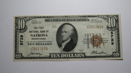$10 1929 Natrona Pennsylvania PA National Currency Bank Note Bill Ch. #5729 VF++