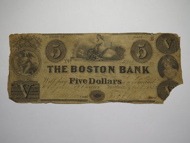 $5 1852 Boston Massachusetts MA Obsolete Currency Bank Note Bill The Boston Bank