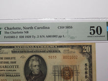 Load image into Gallery viewer, $20 1929 Charlotte North Carolina NC National Currency Bank Note Bill #5055 AU50