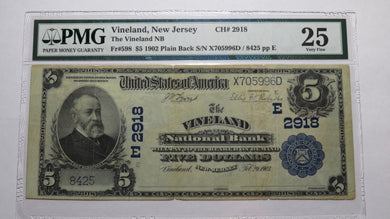 $5 1902 Vineland New Jersey NJ National Currency Bank Note Bill Ch. #2918 VF25!
