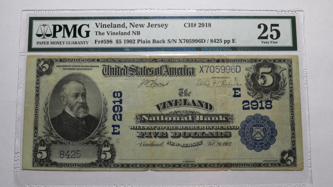 $5 1902 Vineland New Jersey NJ National Currency Bank Note Bill Ch. #2918 VF25!