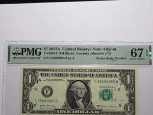 $1 2017 Radar Serial Number Federal Reserve Currency Bank Note Bill PMG UNC67EPQ