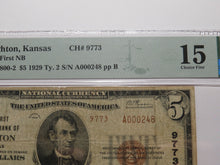 Load image into Gallery viewer, $5 1929 Dighton Kansas KS National Currency Bank Note Bill Charter #9773 F15 PMG