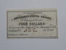 Load image into Gallery viewer, $4 1861 Confederate Bond Coupon Certificate Currency Bank Note Bill UNC