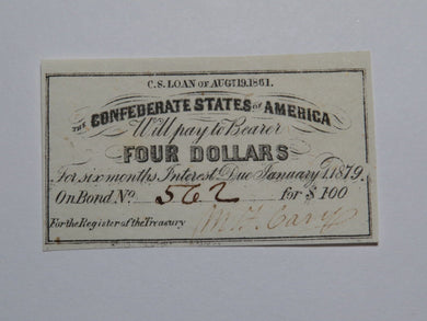 $4 1861 Confederate Bond Coupon Certificate Currency Bank Note Bill UNC