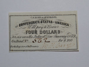 $4 1861 Confederate Bond Coupon Certificate Currency Bank Note Bill UNC