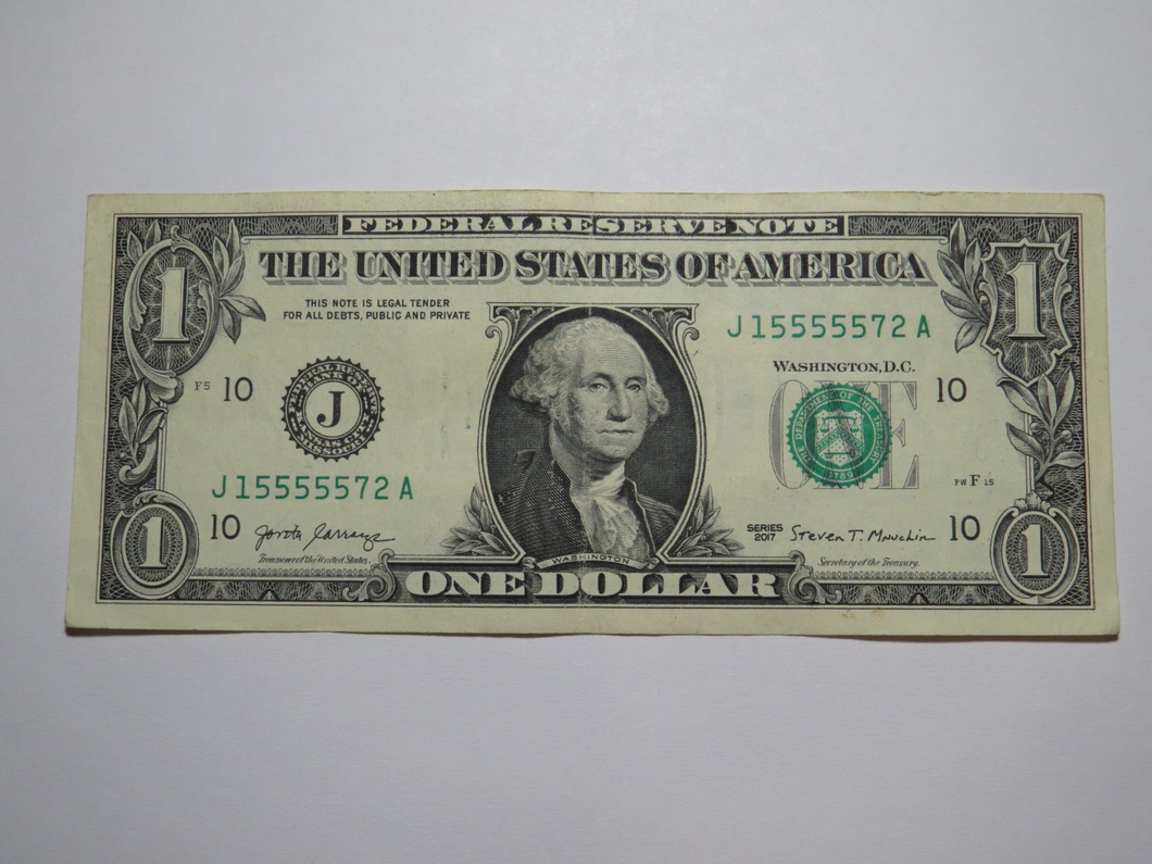 $1 2017 Fancy Serial Number Federal Reserve Bank Note Bill Kansas City #15555572