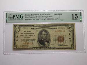 $5 1929 Santa Barbara California National Currency Bank Note Bill #2104 F15 PMG!