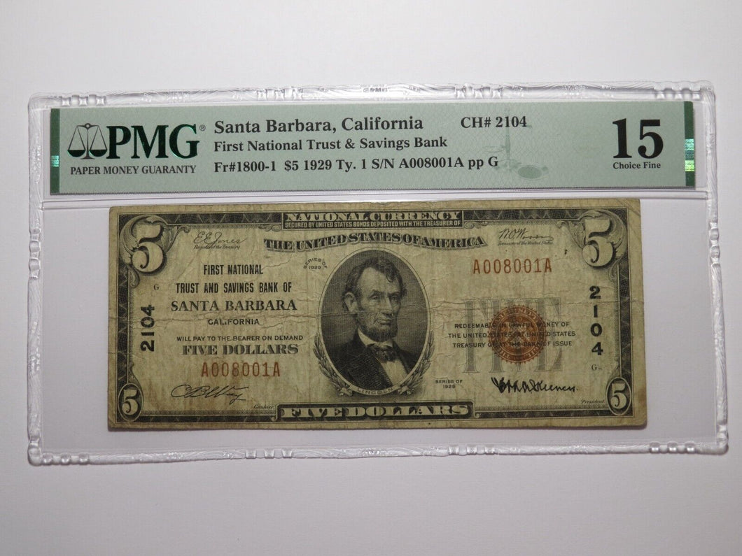 $5 1929 Santa Barbara California National Currency Bank Note Bill #2104 F15 PMG!