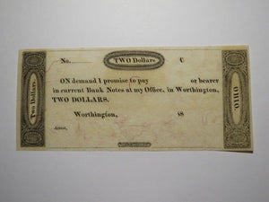 $2 18__ Worthington Ohio OH Obsolete Currency Bank Note Erza Griswold UNC++