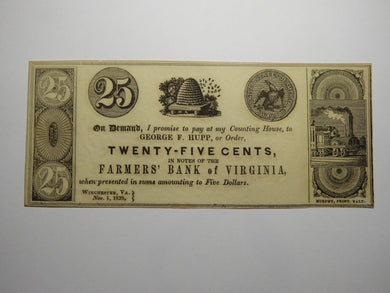 $.25 1839 Winchester Virginia Obsolete Currency Bank Note Bill Farmers Bank UNC+