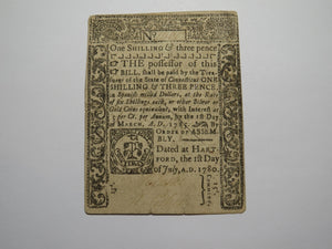 1780 1s3d Hartford Connecticut Colonial Currency Note Bill One Shilling 3 Pence