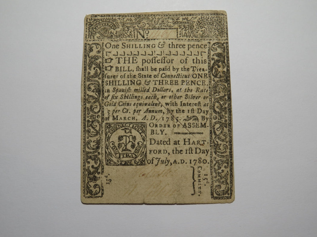 1780 1s3d Hartford Connecticut Colonial Currency Note Bill One Shilling 3 Pence