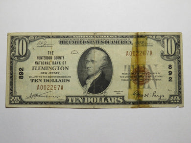 $10 1929 Flemington New Jersey NJ National Currency Bank Note Bill Ch. #892 RARE