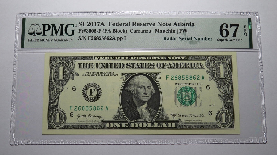 $1 2017 Radar Serial Number Federal Reserve Currency Bank Note Bill! PMG UNC67