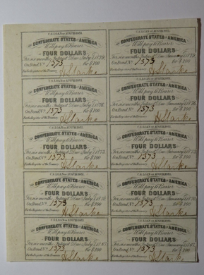 $4 1861 Confederate Bond Coupon Certificate Uncut Sheet Currency Bank Note Bill