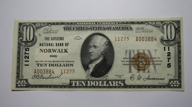 $10 1929 Norwalk Ohio OH National Currency Bank Note Bill Charter #11275 AU++
