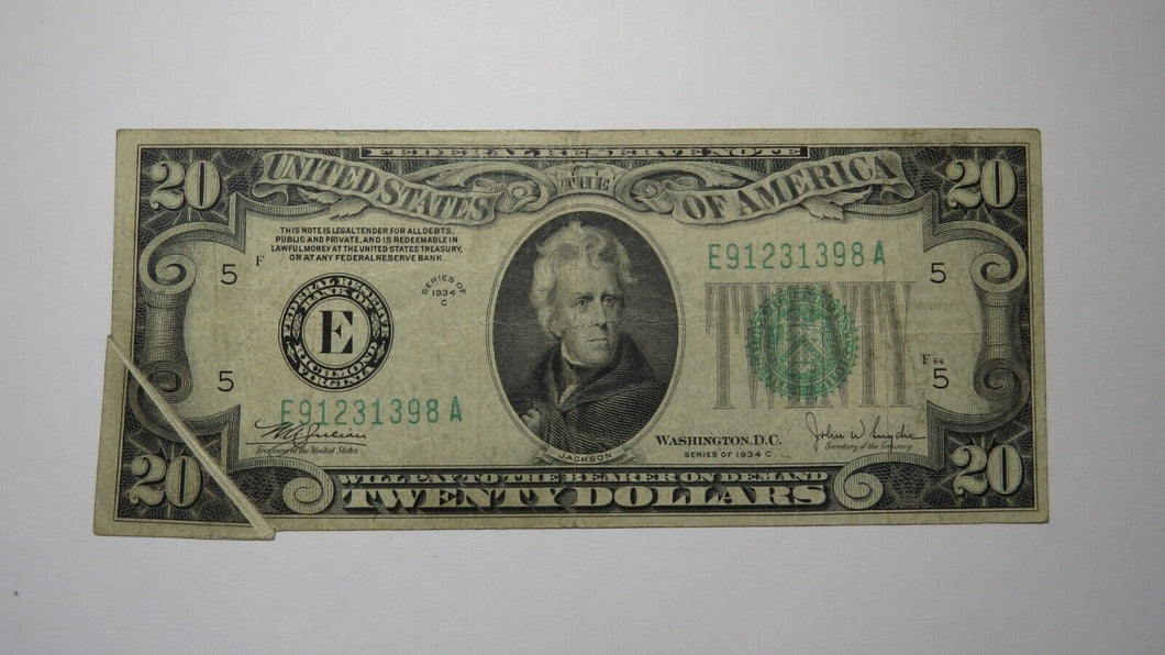 $20 1934-C Gutter Fold Error Richmond Federal Reserve Bank Note Currency Bill 