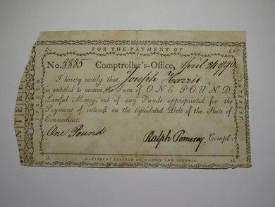 1790 One Pound Connecticut Comptroller's Office Colonial Currency Note Pomeroy!