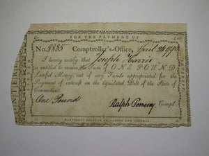1790 One Pound Connecticut Comptroller's Office Colonial Currency Note Pomeroy!