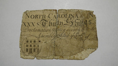 1754 Thirty Shillings North Carolina NC Colonial Currency Note Bill! RARE 30s