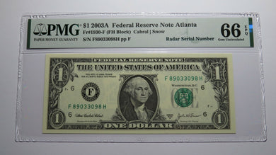 $1 2003 Radar Serial Number Federal Reserve Currency Bank Note Bill PMG UNC66EPQ