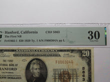 Load image into Gallery viewer, $20 1929 Hanford California National Currency Bank Note Bill Ch. #5863 VF30