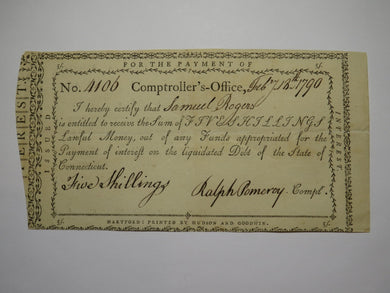 1790 5 Shillings Connecticut Comptroller's Office Colonial Currency Note Pomeroy