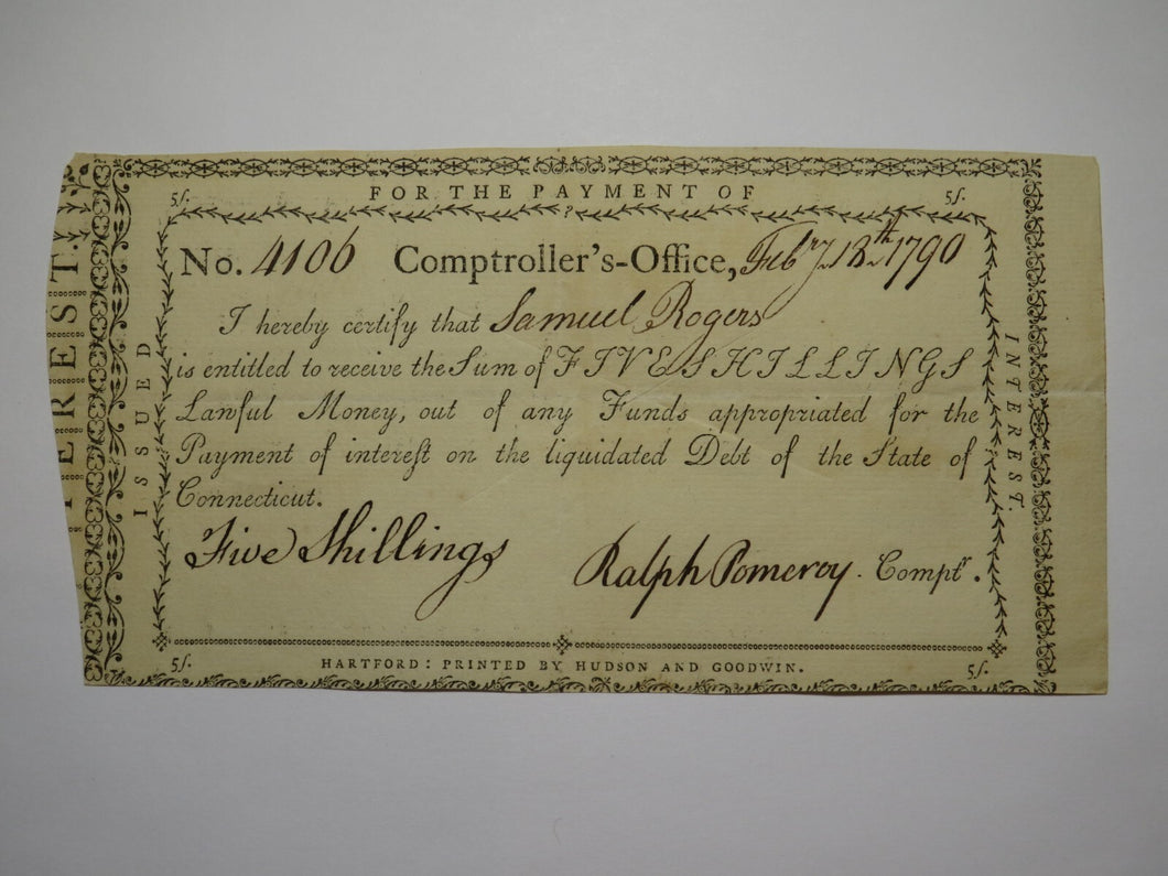1790 5 Shillings Connecticut Comptroller's Office Colonial Currency Note Pomeroy