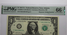 Load image into Gallery viewer, $1 2017 Repeater Serial Number Federal Reserve Currency Bank Note Bill PMG UNC66