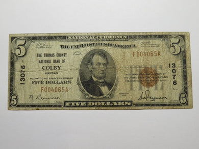 $5 1929 Colby Kansas KS National Currency Bank Note Bill Charter #13076 RARE