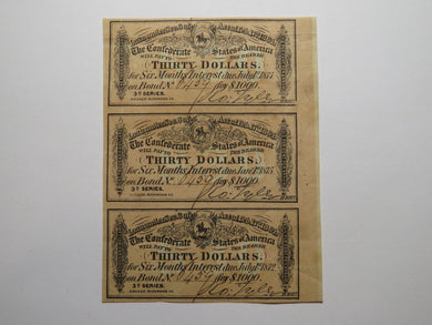 $30 1864 Confederate Bond Coupon Certificate Uncut Sheet Currency Bank Note Bill