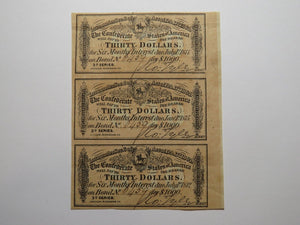 $30 1864 Confederate Bond Coupon Certificate Uncut Sheet Currency Bank Note Bill