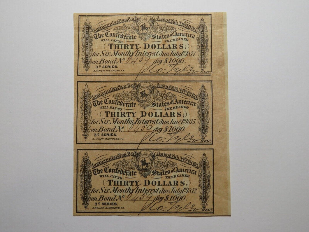$30 1864 Confederate Bond Coupon Certificate Uncut Sheet Currency Bank Note Bill