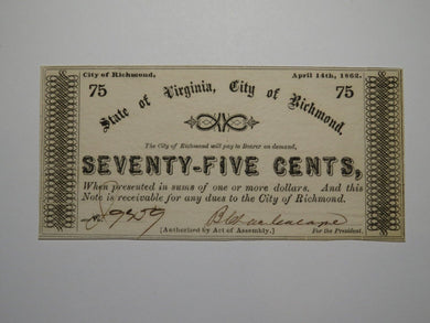 $.75 1862 Richmond Virginia VA Obsolete Currency Bank Note Bill Crisp UNC++