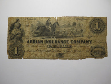 $1 1852 Adrian Michigan MI Obsolete Currency Bank Note Bill Adrian Insurance Co.