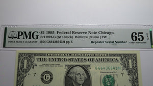 $1 1995 Repeater Serial Number Federal Reserve Currency Bank Note Bill PMG UNC65