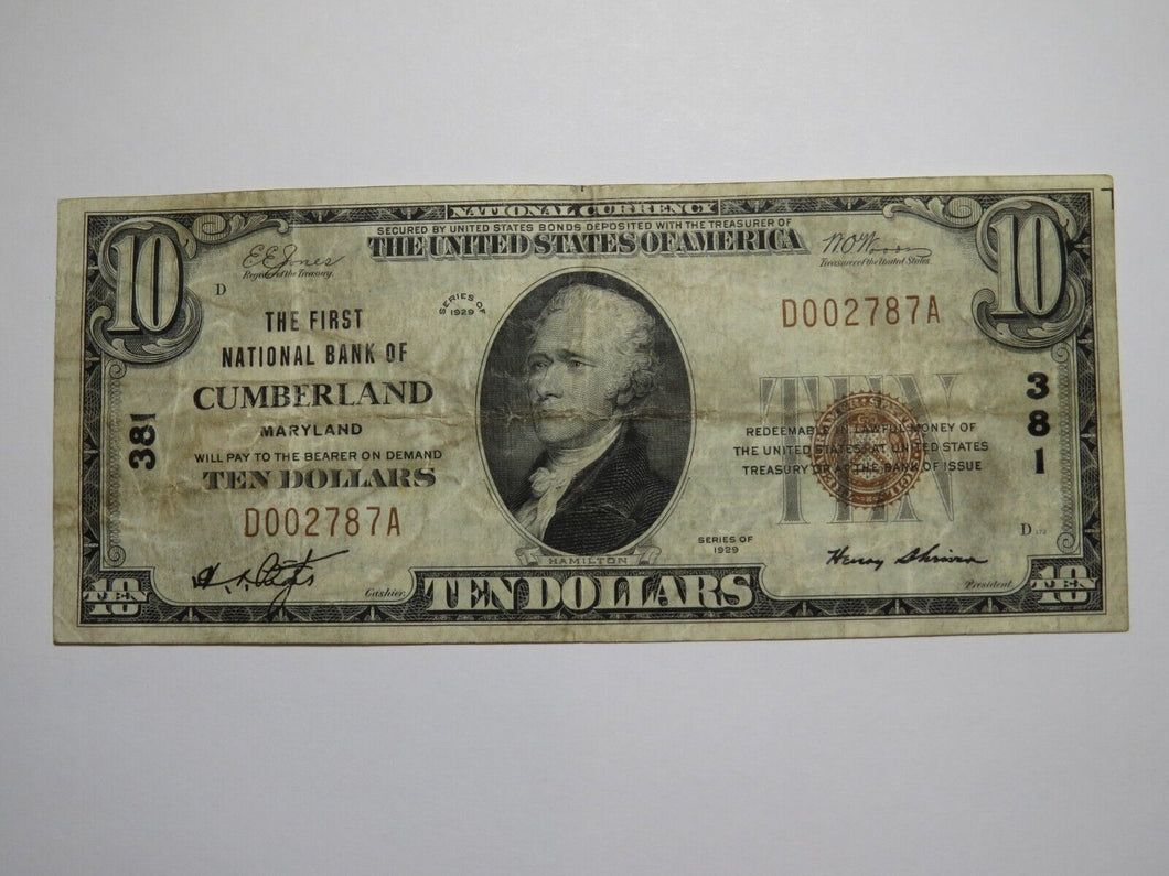 $10 1929 Cumberland Maryland MD National Currency Bank Note Bill Ch. #381 NICE