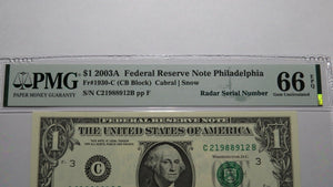 $1 2003 Radar Serial Number Federal Reserve Currency Bank Note Bill PMG UNC66EPQ