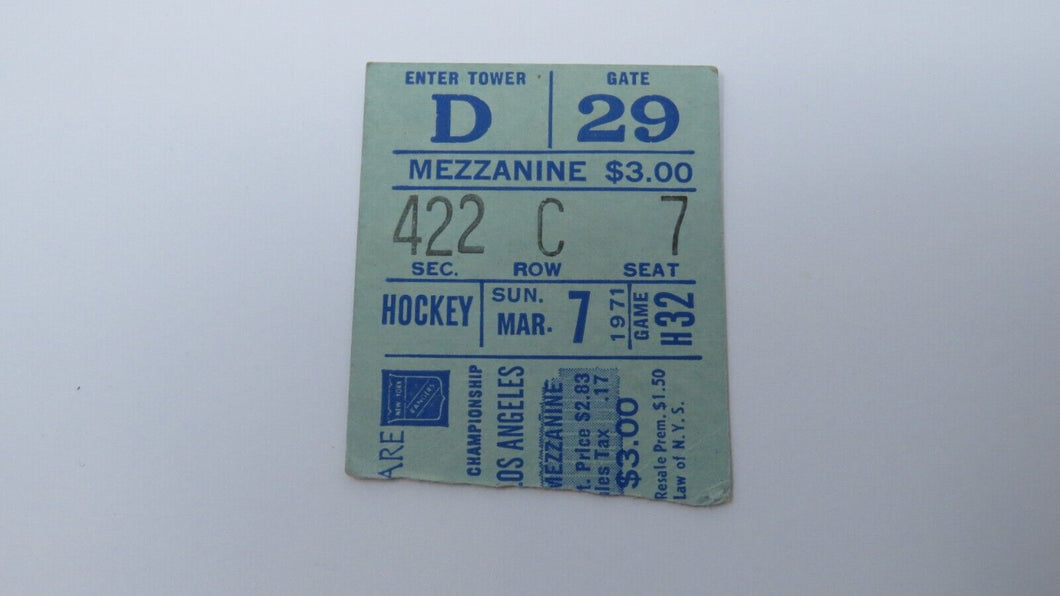 March 7, 1971 New York Rangers Vs. Los Angeles Kings NHL Hockey Ticket Stub