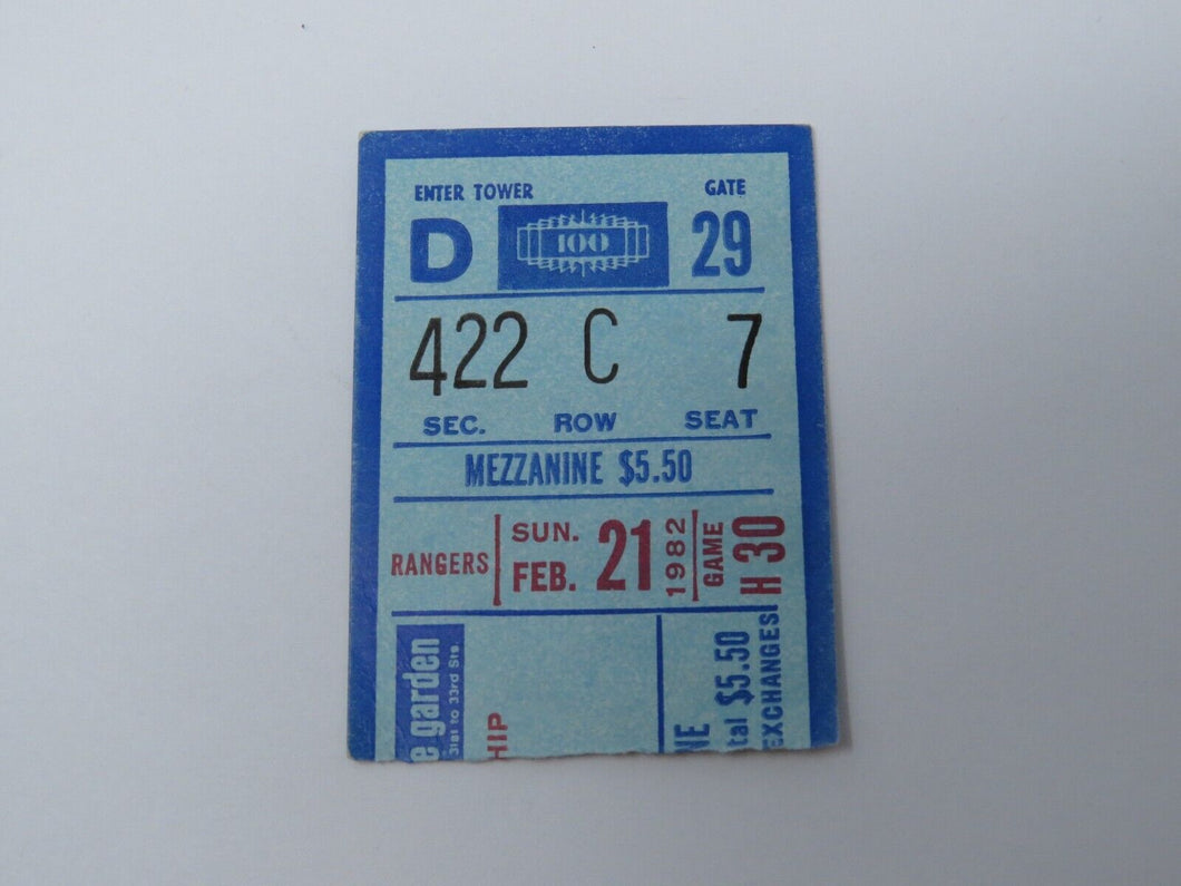 February 21, 1982 New York Rangers Vs. Montreal Canadiens NHL Hockey Ticket Stub