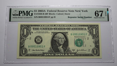 $1 2003 Repeater Serial Number Federal Reserve Currency Bank Note Bill PMG UNC67