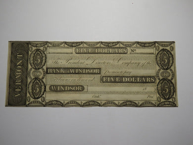 $5 18__ Windsor Vermont VT Obsolete Currency Bank Note Bill Remainder Rare UNC+