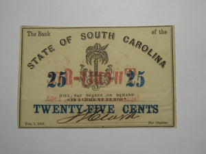 $.25 1863 Charleston South Carolina Obsolete Currency Bank Note State of SC UNC