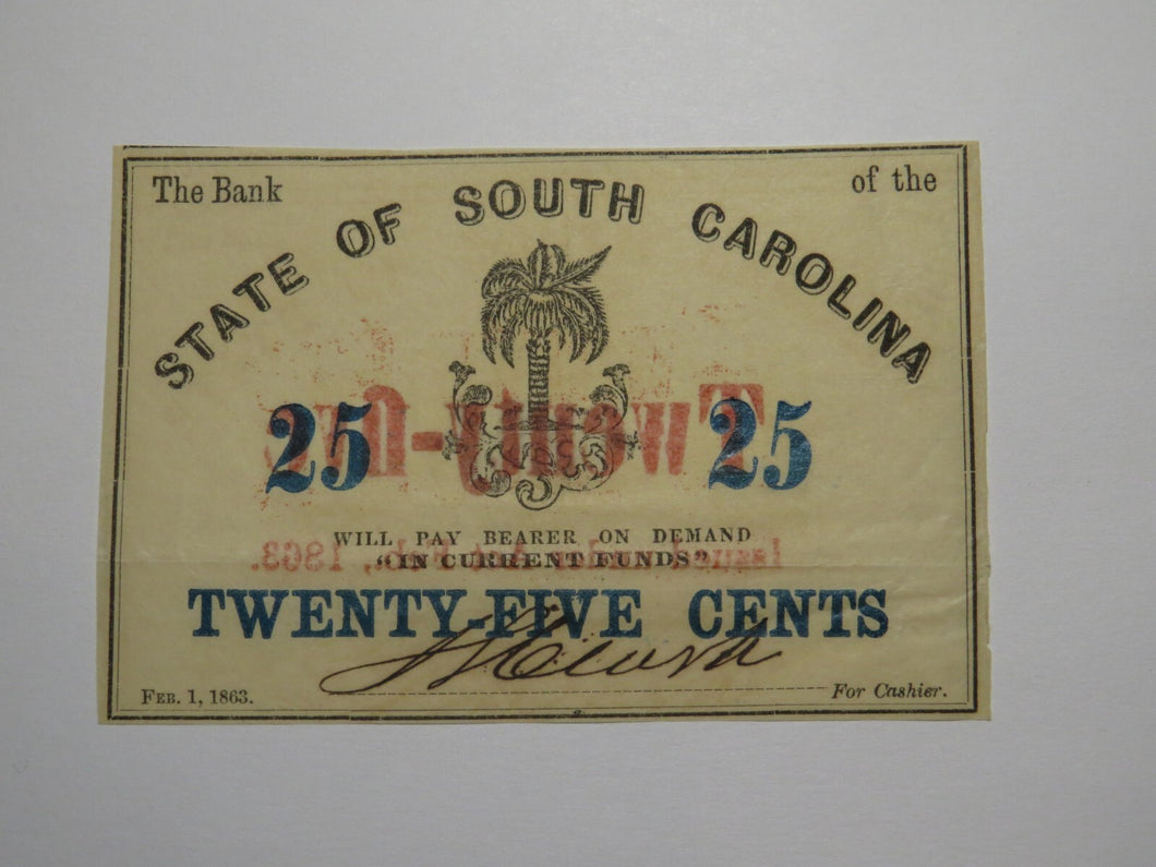 $.25 1863 Charleston South Carolina Obsolete Currency Bank Note State of SC UNC