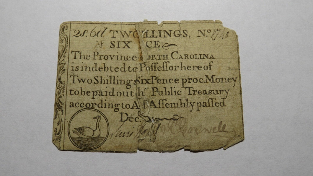 1771 Two Shillings Six Pence North Carolina NC Colonial Currency Note Bill 2s6d
