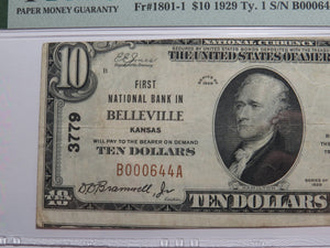 $10 1929 Belleville Kansas National Currency Bank Note Bill Charter #3779 VF30
